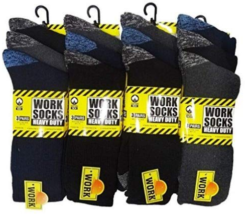 12 Pairs Men's Hard Wearing Heavy Duty Work Socks - Safety Thermal Boot Socks Reinforced Heel & Toe - Warmth and Comfort [Shoe Size 6-11 or Big Foot 11-14; Black or Assorted Colours] (Assorted, 6-11)