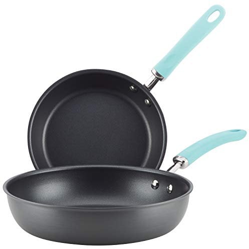 Rachael Ray Juego de sartenes de aluminio anodizado duro, 22.5 y 28.7 cm, azul claro