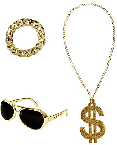 Amakando Prolliges Kostüm-Set 80er & 90er Jahre mit Halskette, Armschmuck & Brille/Gold/Kostüm-Zubehör Dollar für Pimp & Zuhälter/Wie geschaffen zu Karneval & Kostümfest