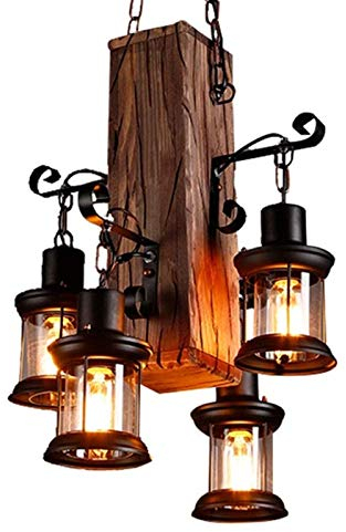 Vintage Pendellampe E27 Industrie Kronleuchter Retro Holz Pendelleuchte Antike Schwarz Eisen Glas Lampenschirm Höhenverstellbare Hängelampe Beleuchtung Loft Innen Esszimmer Wohnzimmer Deko Deckenlampe