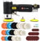 SI FANG 48Pcs Mini Random Orbital Air Sander Kit - 1'', 2'', 3'' High Speed Polisher for Auto Body Work - Includes Polishing Sponge & Wool Pads, Sandpapers (Black)