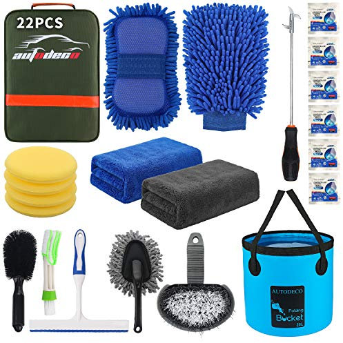AUTODECO Kit d'outils de Nettoyage de Voiture 22 pièces avec Sac en Toile Vert Olive, Seau Pliable, Gant de Lavage, éponge, Brosse à Pneu, grattoir à fenêtre, plumeau, kit Complet d'entretien