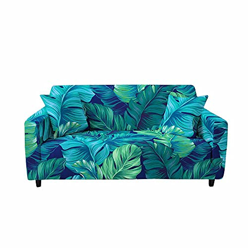 FANSU Stretch Sofabezug Antirutsch Sofaüberwürfe mit Armlehnen, 3D-Palmblattdruck Ecksofa L Form Sofa/Couchbezug/Sesselbezug für Wohnzimmer Wohnkultur (2 Sitzer,Blau Grün)