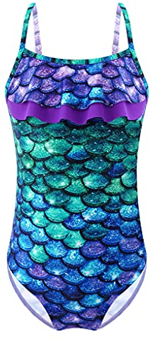 TTAO Mädchen Kinder Meerjungfrau Badeanzug Einteiler Bikini Bademode Strandanzug Strandbikini Schwimmanzug Badebekleidung Gr.98-176 Lila & Grüne Fischschuppen 158-164
