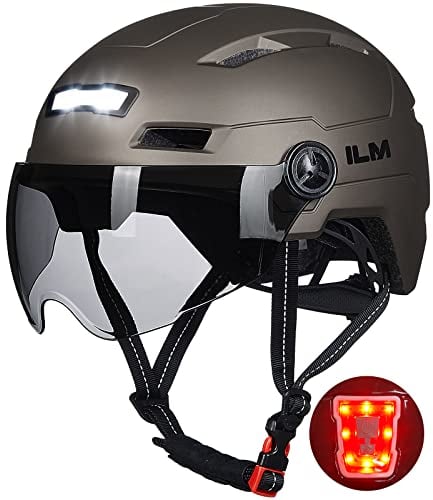 ILM Fahrradhelm mit Visier und LED Licht Mountain&Road Fahrradhelme für Damen und Herren Fahrradhelm für Pendeln in der Stadt E3-10L,Titan L-XL
