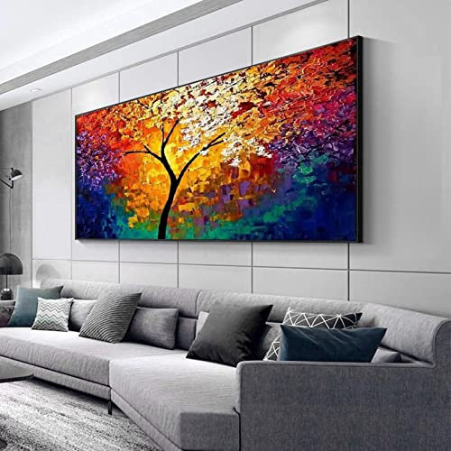 Canvas Prints Arbre de vie coloré rouge et bleu Arbre de vie moderne Impression sur Toile Tableau Décoration Murale Salon Moderne 50x100cm Sans cadre