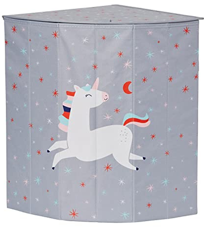 LOVE IT STORE IT Kinder Wäschekorb mit Deckel - Wäschesammler für Kinderzimmer - Verstärkt mit Holz - Passt in Zimmerecke - Grau mit Einhorn - 35x35x50 cm