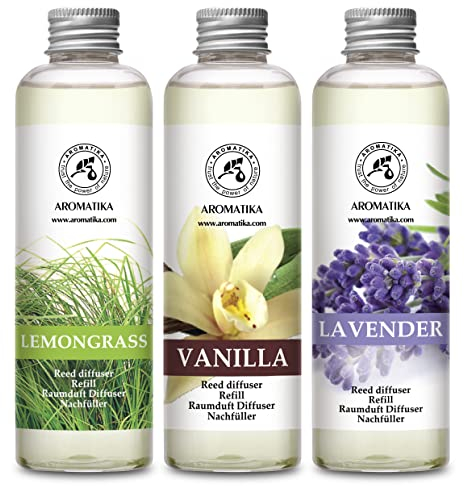 Raumduft Diffuser Nachfüller Lemongrass & Vanille & Lavendel 600ml - 3x200ml - Nachfüller Set für Duftdiffusor - Reed Diffuser Refill - Raumbeduftung - Zimmerduft - Diffuser Nachfüllen - Raumluft