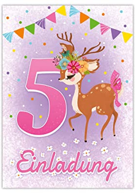Junapack 12 Einladungskarten zum 5. Kindergeburtstag fünfte Geburtstag Mädchen Reh