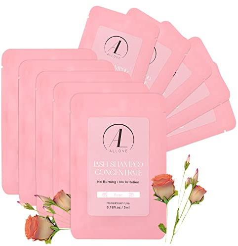ALLOVE Wimpern-Shampoo-Konzentrat, 5 ml * 10 Wimpern-Shampoo für Wimpernverlängerungen, empfindliches und nicht reizendes Wimpernverlängerungs-Reinigungskonzentrat, Wimpern-Shampoo – Rose