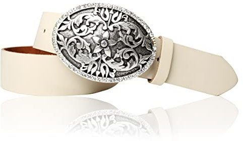 FRONHOFER Damengürtel Ledergürtel Damen Echtleder 4 cm, florale Gürtelschnalle mit Strass 9,5 x 7 cm, Wechselgürtel mit Druckknopf, Bundweite 85-125 cm, Dirndl Tracht Jeans, Made in Germany