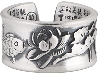AMDXD Sterling Silber 999er Ringe, Sutra Blumen Fisch Ringe Silber Verlobung für Damen, Gothic Ring, Verstellbar, Silber, Echt Silber Schmuck