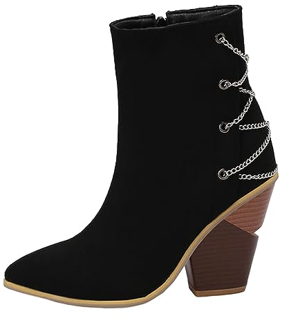 Stiefeletten Damen Mit Absatz Metalldekoration, Farbblockierung, bequem, klobiger Absatz, mittlere Wade, spitze Zehen, große Stiefel, Stiefeletten, kurze Stiefel Spann (B-Black, 41)