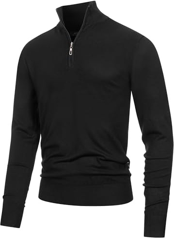 JEFF Herren Frankie Strickpullover mit Stehkragen und Reißverschluss | Pullover Herrenpulli für Männer Black, XL