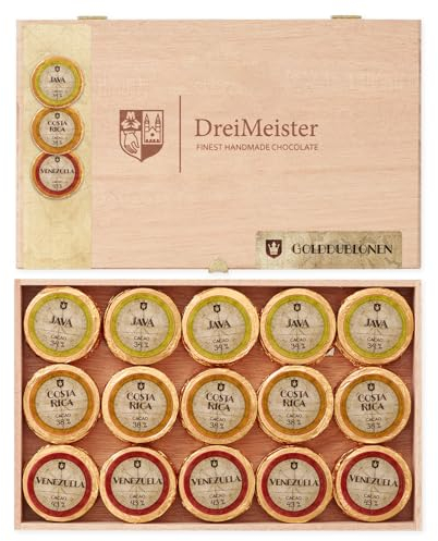 DreiMeister Golddublonen in der 45er Holzkiste Vollmilch I handgemachte Schokolade-Goldtaler I Golddublonen-Schokolade in 3 Sorten I Schokolade-Holzkiste mit Vollmichschokolade I 360g