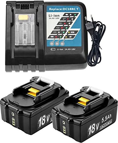 2X Akku 18V 5.5Ah Ersatzakku für Makita akku 18V+3.0A DC18RC Ladegerät kompatibel mit BL1860 BL1860B BL1850 BL1850B BL1840 BL1830 BL1820 LXT400 DC18RA DC18RC DC18RD