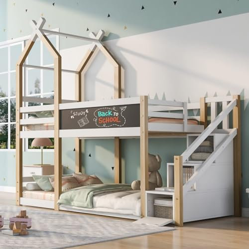 Lit d'enfant cabane dans les arbres avec tablette ,Lit avec rangement et protection contre les chutes 90 x 200 cm, lit surélevé pour enfants avec 2x sommier à lattes naturel & blanc (sans matelas)