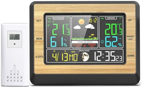 Wetterstation Funk mit Außensensor, Digital Farbdisplay Funkuhr Innen und Außen Thermometer Hygrometer, Funkwetterstation mit Wettervorhersage Barometer Mondphase Wecker, Batterie/Netz Betrieb