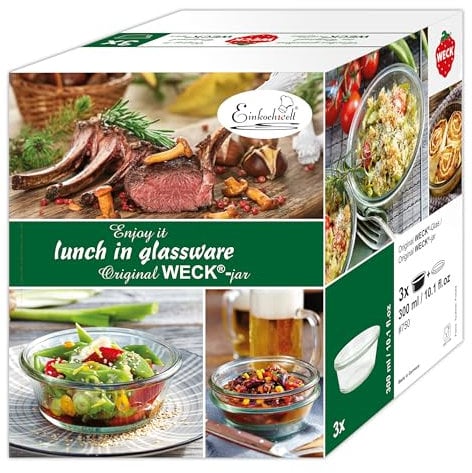 Weck Gourmetgläser 300 ml 3er Karton (Gourmetgläser für Salate oder kleine Mahlzeiten, mit 120 mm RR-Deckel) 19815, Durchsichtig