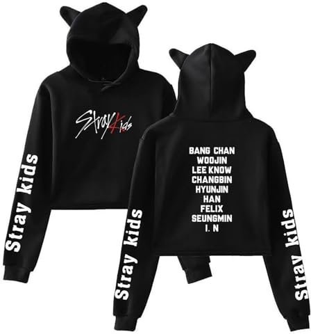 Kpop SKZ Hoodie Felix Jisung Minho Bangchan Katzenohren Sweatshirt Crop Top Pullover für Damen, Schwarz 02, M