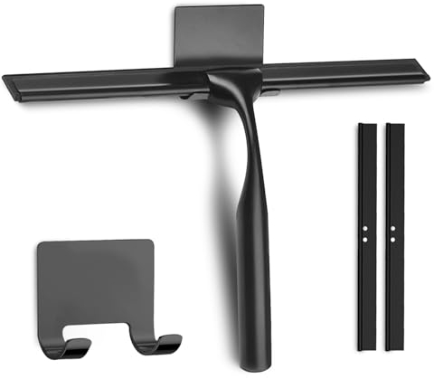 Rasquetas Limpiacristales para Ducha 25 cm de Acero Inoxidable con Gancho y Cuchilla de Recambio, Limpia Mamparas Ducha Cristal, para Puertas de baño, Espejos, Azulejos, Tableros de Mesa, Negro