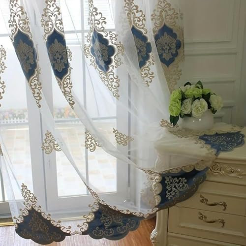 DFGLIK 1-teiliger Gaze-Vorhang – Sonnenschutz und atmungsaktive Wohn- und Schlafzimmerdekoration – Blau – B100 cm x H270 cm – 1 Stück – Faltenband zum Zuziehen