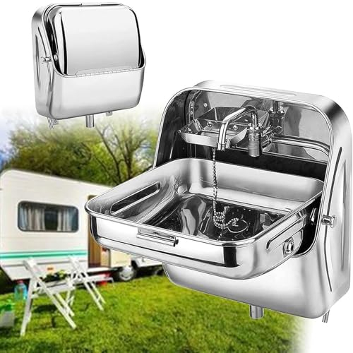 SNBGRYE Rv Sink Wash Basin, Folding Caravan Stainless Steel Sink, With Cold Water Tap, Small Wall-Mounted Sink For Camper Kitchen, With Filter Drainer + Soap Dish