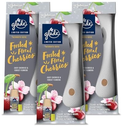 Glade Automatic Air Freshener Holder & Refill, Room Spray & Odour Eliminator for Home, Floral Cherries, Pack of 3 Starter Kits, (3 x Holder and 3 x 269ml Refills)