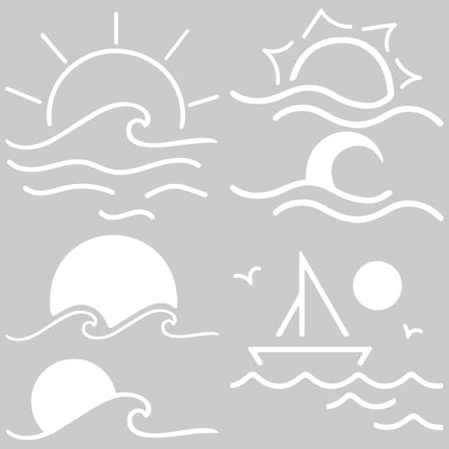 GORGECRAFT 4 Blatt 20x20cm Meereswellen Autoaufkleber Ozeanwellen Sonnenuntergang Boot Sonnenschutz Reflektierendes Wasserdichter Stoßstangenaufkleber Automobil Außendekoration Für Auto LKW Wand Weiß