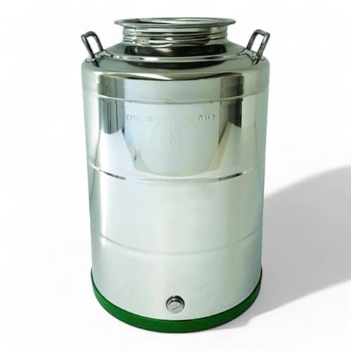 Briconess.com Fût bidon inox 50 litres pour huile acier AISI 304 avec poignées fond à pot bouchon à vis et raccord robinet protégé en plastique