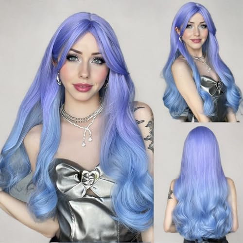 REEWES Lange Gewellt Blau-violetter Farbverlauf Perücke für Frauen Mädchen, Lange Lockige Volle Haar Gewellt Hitzebeständig Perücke Cosplay Kostüm Charmante Perücke für Tägliche Karneval Fasching
