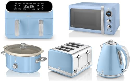 Swan Retro Blue 1.5L 3KW Jug Kettle, 4 Slice Toaster, 8L Dual Basket Air Fryer, 800W 20L Digital Microwave and 3.5L Slow Cooker. Complete Matching Retro Design Kitchen Set in Blue
