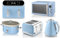 Swan Retro Blue 1.5L 3KW Jug Kettle, 4 Slice Toaster, 8L Dual Basket Air Fryer, 800W 20L Digital Microwave and 3.5L Slow Cooker. Complete Matching Retro Design Kitchen Set in Blue