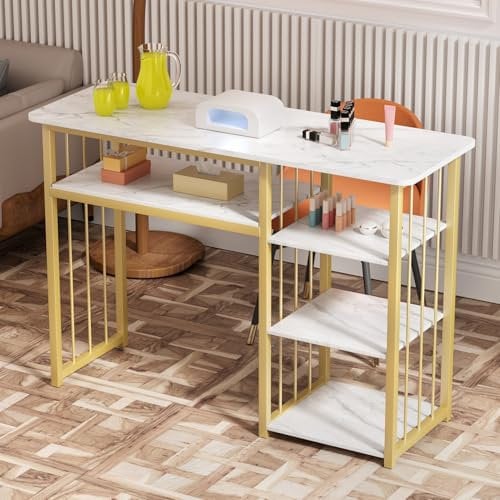 Makamsui Nail Desk, Manicure Table Station, Marbling Texture Manicure with Multi Open Shelves, Spa Salon Workstation, Nail Tech Desk for Beauty Salon Spa White