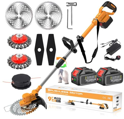 Cordless Grass Trimmer 21V Strimmer Cordless with 2 PCS 4.0Ah Batteries and 4Types Blades Brushless Metal Blade Strimmer with Wire Brush 4 in 1 Garden Strimmer Cordless/Grass Trimmer/Lawn Edge,Orange