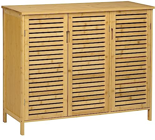 HOMCOM Meuble à Chaussures, Armoire à Chaussures, étagères et 3 Portes ajourées, en Bambou, Style Naturel, 100 x 35 x 80 cm, Bois Naturel