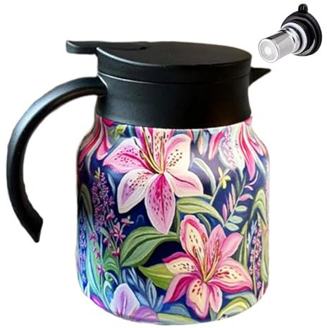 zwxqe Floral Tea Pitcher, 1000ml Tea Infuser, Vintage Teapot, Insulated Tea Brewer, Insulated Coffee Pot, Large Capacity Double Wall Tea Infuser Mug for Travel, Hot or Cold Tea