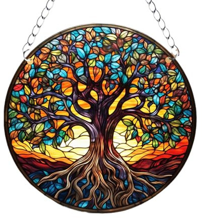 HWOLPEMS Baum des Lebens gebeiztes Acryl-Fensterpaneel, rundes Hängeornament für Schlafzimmer, Veranda, Büro, Garten (D)