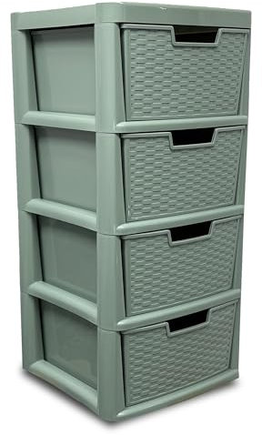 ALEEZ - Large Plastic Drawer Storage Unit - Rattan Effect 4 Drawer Cabinet - Multipurpose Storage Organiser - Office, Tabletop Desktop Drawer - Bedroom Chest Drawer Unit - (Sage Green, 4 Drawer)