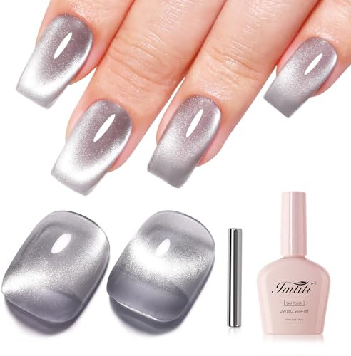 Imtiti Glass Silver Cat Eye Gel Nail Polish with Magnet, Holographic Glitter Shimmer Magnetic UV Gel Polish for Nail Art Soak off UV Led