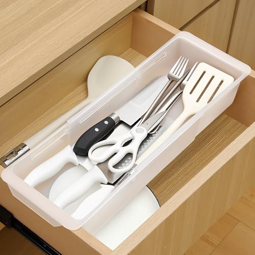 Gulfmew 1 Pack Deep Drawer Organizer Bins, Adjustable Sliding Drawer Organizer Bin Expandable Tray for Kitchen Utensils, BBQ Tools, Towels, Durable Plastic Sliding for Easy Storage (17 to 27”)