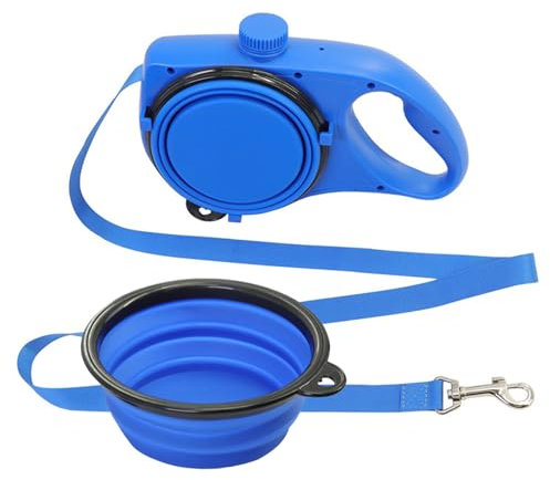 3 in 1 Dog Lead With Foldable Water Bowl Trash Bag Compartment, Medium Collar, Figure of 8 Dog Harness, Flexi Lead, Anti Tangle Leash for Pets Outdoors
