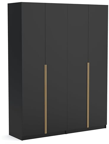 Brent - Kleiderschrank Bristol Schwarz 180 cm Breite, 4-türig, Mehrzweckschrank mit Einlegeböden und/oder Kleiderstange, Aufbewahrungsschrank, Modern Metallgriffe in Gold