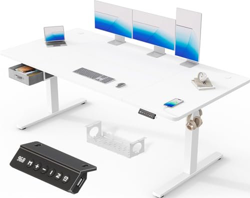 Devoko 180x80cm Escritorio Elevable Eléctrico con Cajones, Escritorio Regulable en Altura de Carga USB-A, Mesa Escritorio Elevable de Gestión de Cables y de Recordatorio de Postura Sentada,Blanco