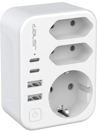 JSVER Reiseadapter Typ M für Südafrika mit 1 Schuko-Steckdose und 2 EU-Steckdosen, Südafrika Deutschland Reisesteckeradapter mit 2 USB C & 2 USB A für Südafrika Namibia, Lesotho, Mosambik (Weiß)