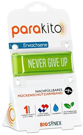 PARAKITO - Wiederverwendbares Mückenschutzarmband - 2 ätherische Ölplättchen - 1 Monat Schutz - Ohne DEET - Größe Erwachsene - Never Give Up Grün