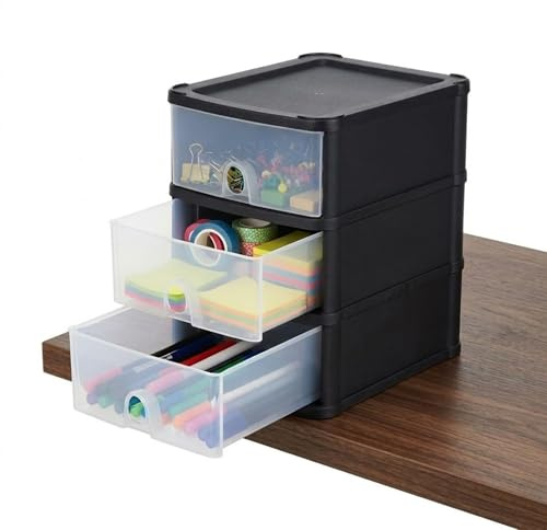 AOC24 1Pc A5 3 Drawer Storage Unit Black/Clear, Desktop Organizer Tower 3Shallow Drawers, 3 Tier Handy Storage for Home, Office & Study Desk, Space Saving Drawer Unit 20D x 24.5W x 29H cm 16180