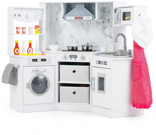 COSTWAY Cuisine Enfant avec 16 Accessoires & Son & Lumière, Cuisine d’Angle en Bois avec Distributeur d'eau & Machine à Laver, Micro-Ondes pour Enfants de 3 Ans+, 102 x 51 x 85 cm (Blanc)
