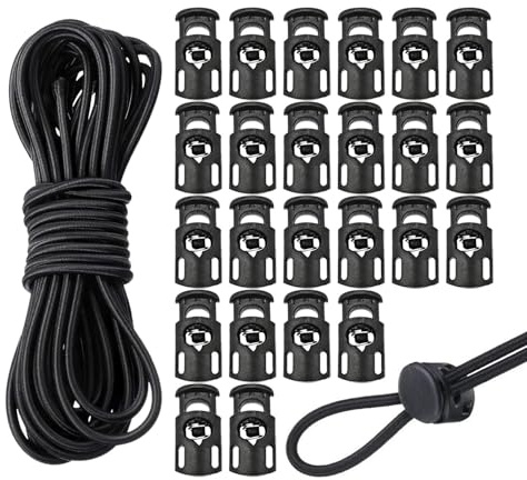 30 Pcs Cord Locks with 10m Elastic Bungee, Durable Plastic Toggles for Shoelaces and Outdoor Gear