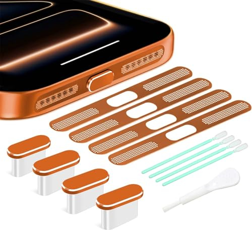 Muorruo 4 Piece USB C Dust Protection Plug, Type C Charging Port Cover with Speaker Mesh, Phone Accessory USB C Protective Cap, Compatible with iPhone 17 Pro Max, Metal Orange
